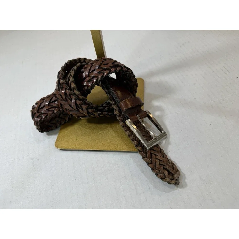 Braided Woven Leather Belt Nickel Tone‎ Brown Buckle Size L